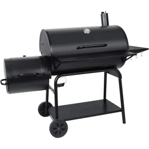 Barrel charcoal grill with offset smoker, outdoor smoker with 1200 m2. Cooking area at outdoor BBQ event, black