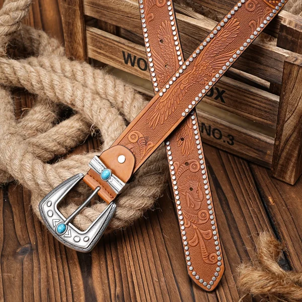 Men Women-Western-Cowboy-PU Leather-Belts - Vintage Belt Floral Engraved Buckle Belt for Jeans - Image 6