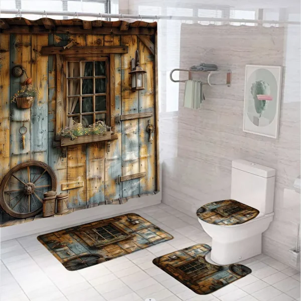 Rustic Wooden Door Shower Curtain Sets With Rug Toilet Cover Bath Mat  Farmhouse Western Vintage Wheel Plants Bathroom Curtains - Image 2