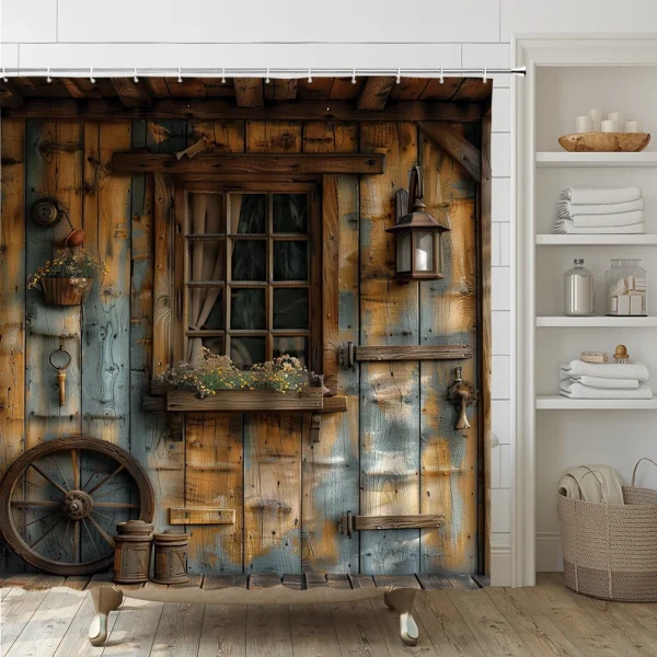 Rustic Wooden Door Shower Curtain Sets With Rug Toilet Cover Bath Mat  Farmhouse Western Vintage Wheel Plants Bathroom Curtains - Image 9