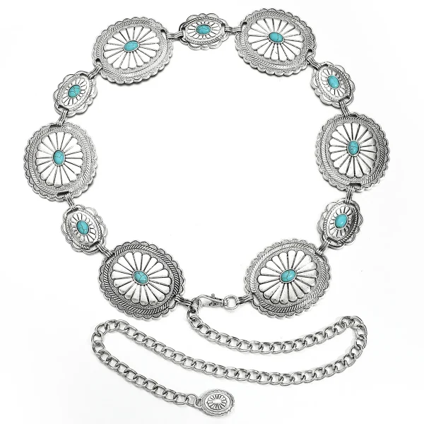 Boho chic retro metal carved turquoise waist chain for women - Image 6
