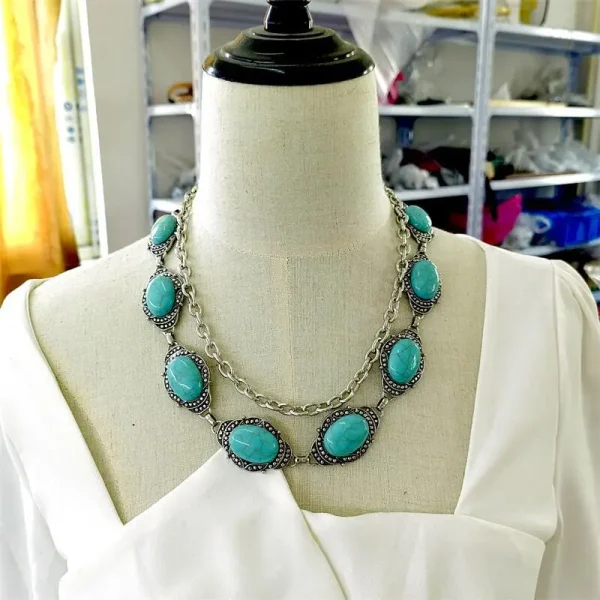 Bohemia Western Oval Concho Big Turquoise Stone Chain Belt Silvertone Metal WaistChain Retro Boho Cowgirl Outfit Accessor Cowboy - Image 3