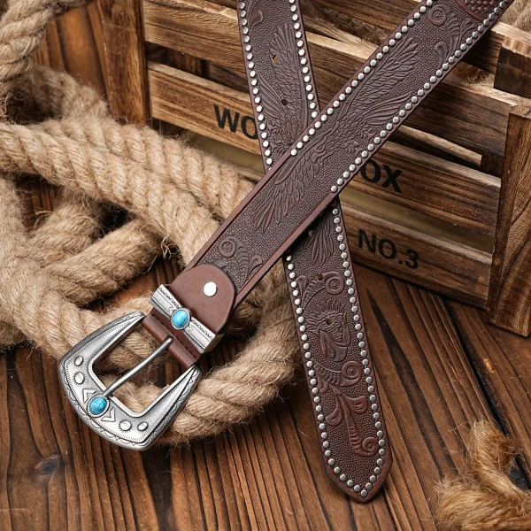 Men Women-Western-Cowboy-PU Leather-Belts - Vintage Belt Floral Engraved Buckle Belt for Jeans - Image 7