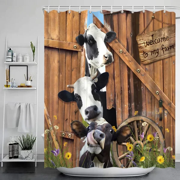 Funny Highland Cow Shower Curtain Set Western Bull Portrait Brown Wooden Panel Non-Slip Carpet Toilet Cover Bathroom Decorative - Image 33