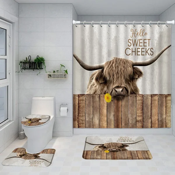 Funny Highland Cow Shower Curtain Set Western Bull Portrait Brown Wooden Panel Non-Slip Carpet Toilet Cover Bathroom Decorative - Image 14
