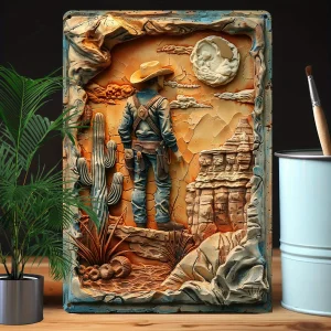 Metal Wall Art - Western Cowboy Themed 2D Relief Metal Sign with High Bending Resistance, Durable Decor for Home, Office, Studio