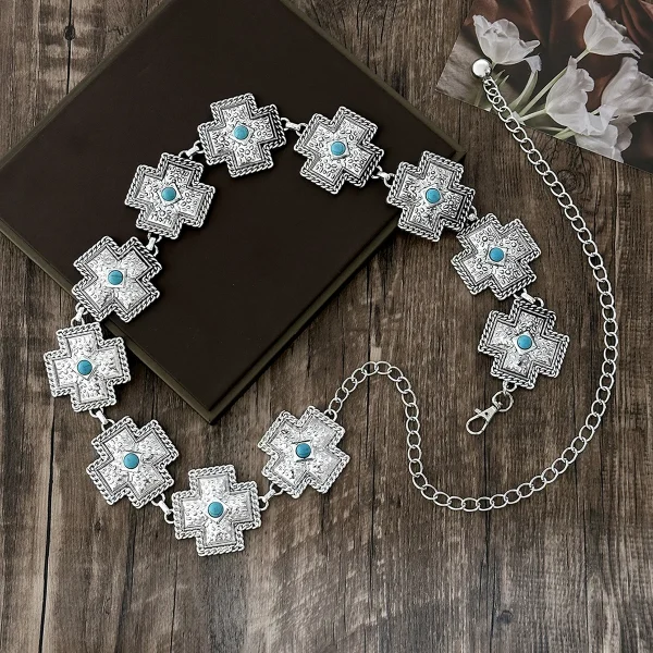 Boho chic retro metal carved turquoise waist chain for women - Image 2