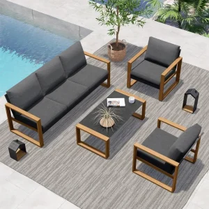 4-Piece Modern Aluminum Patio Furniture Sets,Faux Wood Grain Finish Frame Sofa with Removable  Extra Thick Cushions and Table
