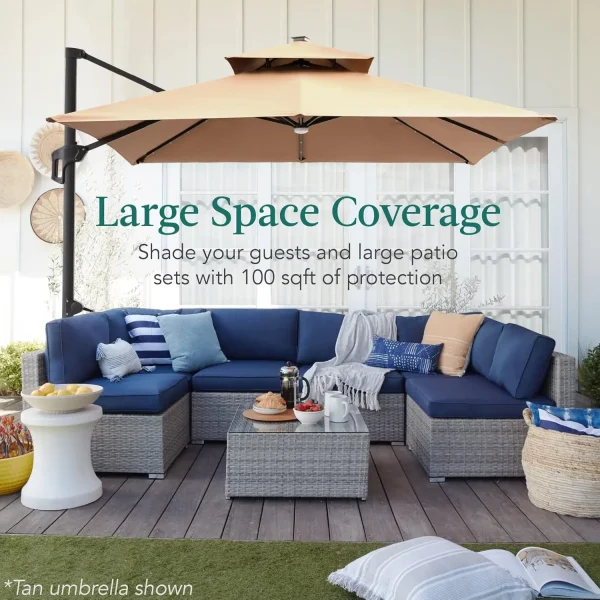 Best Choice Products 10x10ft 2-Tier Square Cantilever Patio Umbrella with Solar LED Lights Offset Hanging Outdoor Sun Shade Tan - Image 4