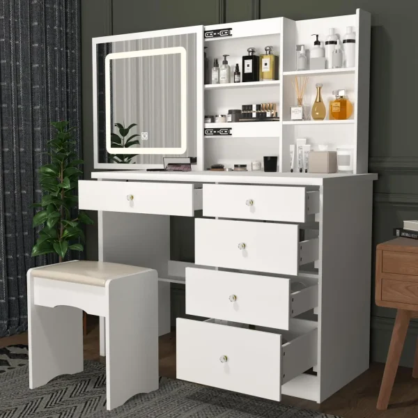 Vanity Set Makeup Vanity Dressing Table with Sliding Lighted Mirror, 5 Drawers, Dresser Desk and Cushioned Stool Set (White A) - Image 7