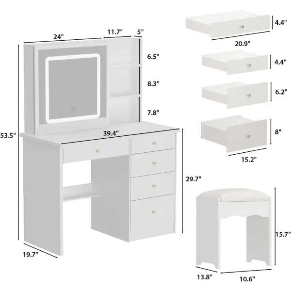 Vanity Set Makeup Vanity Dressing Table with Sliding Lighted Mirror, 5 Drawers, Dresser Desk and Cushioned Stool Set (White A) - Image 6