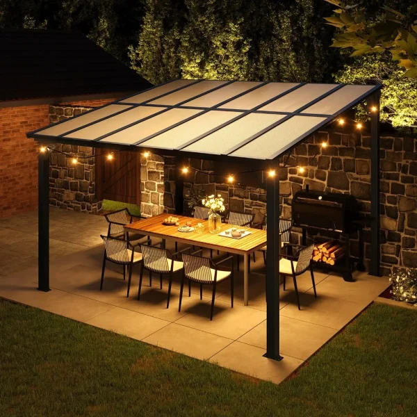 10' X 12' Gazebo for Patio, Gazebo Pergola with Sloped Roof, Large Wall-Mounted Heavy Duty Awnings - Image 2