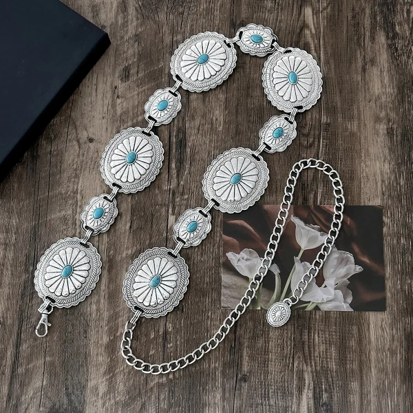 Boho chic retro metal carved turquoise waist chain for women - Image 4