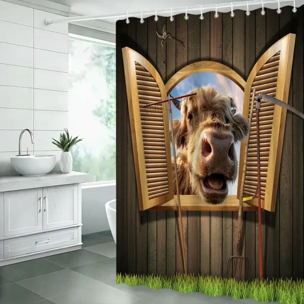 Funny Highland Cow Shower Curtain Set Western Bull Portrait Brown Wooden Panel Non-Slip Carpet Toilet Cover Bathroom Decorative - Image 26