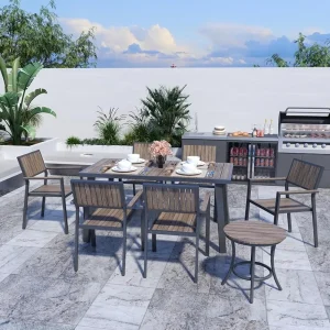 8-Piece Patio Dining Set，Outdoor Aluminum Furniture Set with Plastic-Wood Table,Outdoor Furniture Set with 6 Outdoor Furniture
