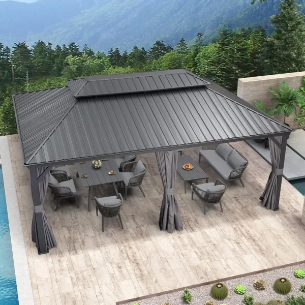 12' X 20'Permanent Hardtop Gazebo with Galvanized Steel Double Roof for Patio Lawn and Garden, Curtains and Netting Included - Image 2