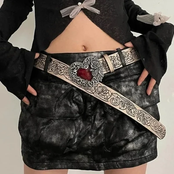 Gothic Punk Leather Y2k Belt For Women Metal Red Peach Heart Buckle Waist Strap Jeans Decorative Waistband Accessories - Image 2