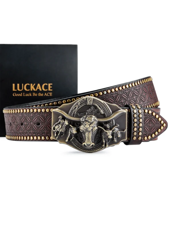 LUCKACE Vintage Design Mens Western Cowboy Belt Handmade Stylish Embossed Belt Good Gift for Husband Father Boyfriend Brothers - Image 7