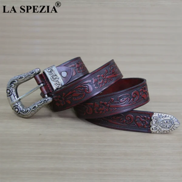 LA SPEZIA Real Leather Belt Men High Quality Camel Pin Belt Male Retro Designer Brand Cowhide Genuine Leather Carving Belt 130cm - Image 4
