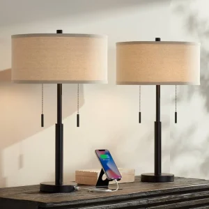 Bernie Industrial Nightstand Table Lamp 25" High Set of 2 with Hotel Style USB Charging Port Rich Bronze Met table lamp