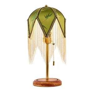 Bedroom Table Lamp Bedside Living Room Home Decor Designer Bed Side Wood Desk Light With Green Fabric Lampshade Fringed Tassels