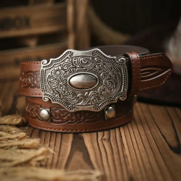 Western Cowboy PU Leather Belt - Men Waist Strap Bull Decoration Floral Engraved for Jeans - Image 3
