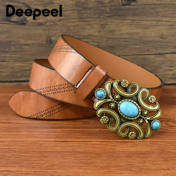 1Pc Deepeel 3.8*115cm Fashion Women's Vintage Leather Belt Luxury Stone Buckles Embossed Waistband for Jeans Female Waist Corset - Image 2
