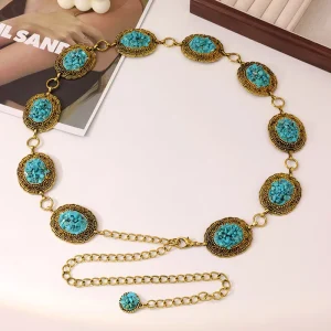 Bohemian retro metal chain turquoise carved waist chain exquisite fashion women dress shirt belt 2025 new model