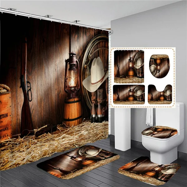 Rustic Western Cowboy Shower Curtain American Country Music Bathroom Curtain Set Bath Mat Rug Carpet Bathtub Accessories Decor - Image 13