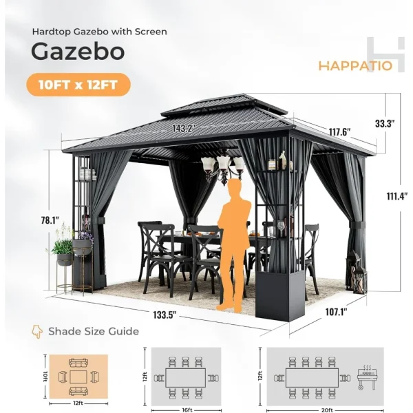 10x 12Hardtop Gazebo,with Netting and Curtains, Double Roof Permanent Patio Metal Gazebos Canopy for Patio, Deck, Outdoor Gazebo - Image 2