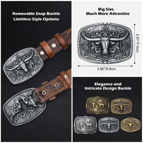 BISON DENIM Mens Belt Western Embossed Genuine Leather Men Cowboy Belts With Longhorn Bull Buckle Pattern Floral Belt For Men - Image 4