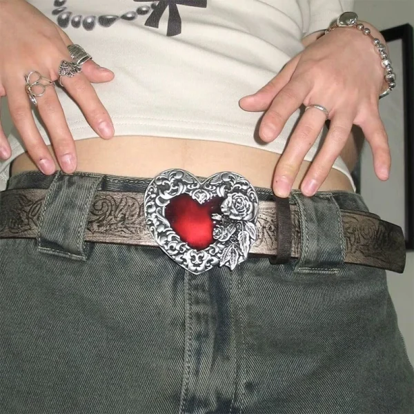 Gothic Punk Leather Y2k Belt For Women Metal Red Peach Heart Buckle Waist Strap Jeans Decorative Waistband Accessories - Image 3