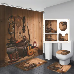 Rustic Western Cowboy Shower Curtain American Country Music Bathroom Curtain Set Bath Mat Rug Carpet Bathtub Accessories Decor