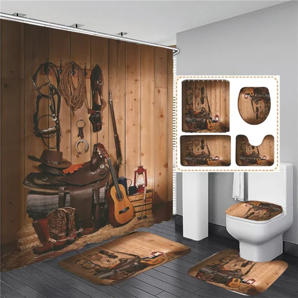 Rustic Western Cowboy Shower Curtain American Country Music Bathroom Curtain Set Bath Mat Rug Carpet Bathtub Accessories Decor
