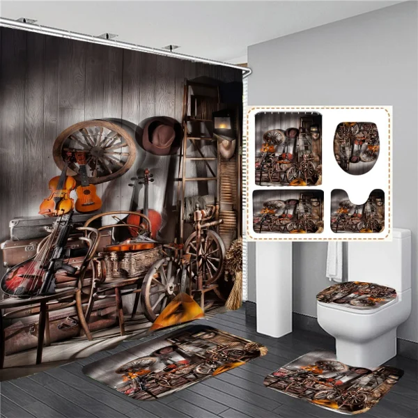 Rustic Western Cowboy Shower Curtain American Country Music Bathroom Curtain Set Bath Mat Rug Carpet Bathtub Accessories Decor - Image 4