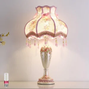 Lovely Table Lamp with Fabric Lampshade, Antique Flower Decorative Bedside Desk Lamp, Handmade Night Light for Bedroom Nightstan
