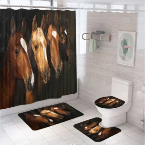 4PCS Brown Horse Shower Curtain Set Western Farm Animal Giraffe Tiger Bathroom Decor Rug Accessories Bath Mat Lid Toilet Cover