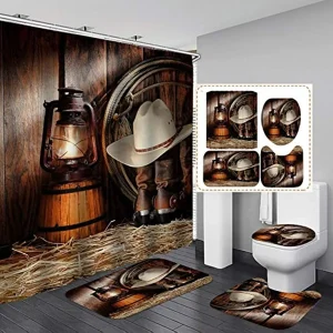 Western Cowboy Bathroom Shower Curtain And Rug Set Brown Barn Wood Panels Vintage Rustic Farmhouse Bathroom Decor Non-Slip Mat