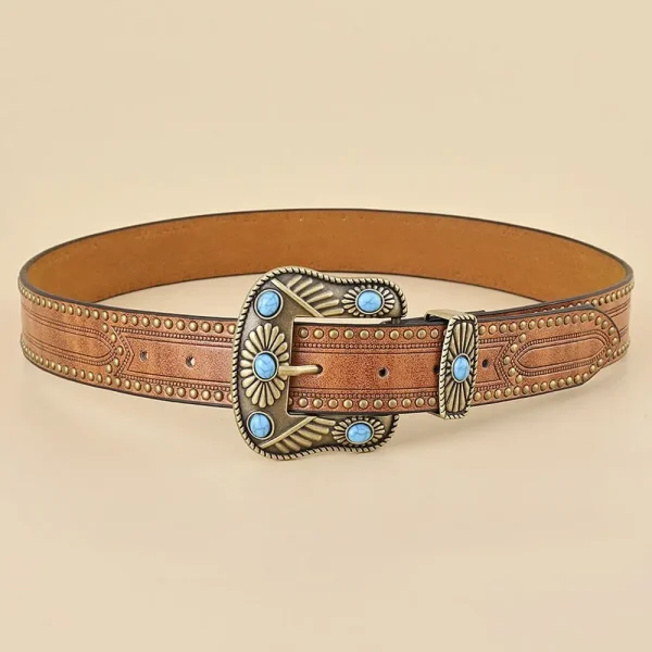 Retro Western Belts for Women Vintage Floral Engraved Leather Belt for Jeans Pant, Fashion PU Leather Bohemian Cowboy Belts - Image 3