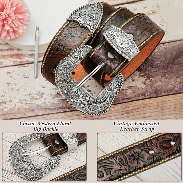 RechicGu Western Cowboy PU Leather Belt Men Waist Strap Decoration Floral Engraved for Jeans Fashion Women Girdle - Image 3