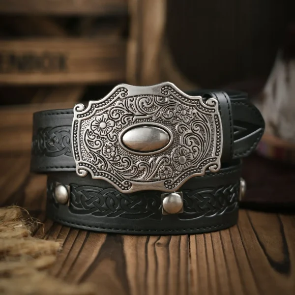 Western Cowboy PU Leather Belt - Men Waist Strap Bull Decoration Floral Engraved for Jeans - Image 5