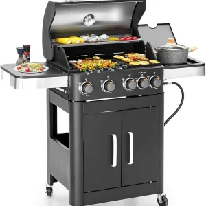 2 in 1 Propane Gas BBQ Grill with Side Burner & Porcelain-Enameled Cast Iron Grate, 4-Burner Flat Top Grill, 46,700 BTU Barbecue