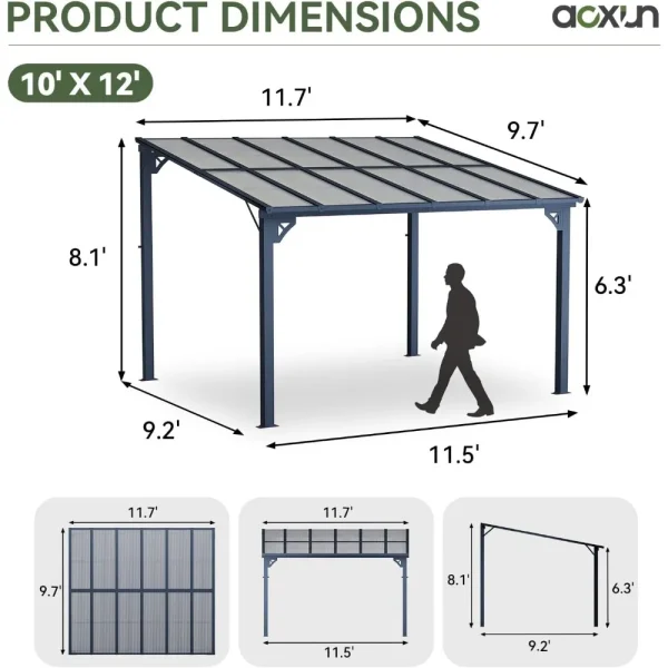 10' X 12' Gazebo for Patio, Gazebo Pergola with Sloped Roof, Large Wall-Mounted Heavy Duty Awnings - Image 5
