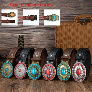 Red sapphire oval big plate buckle simple matching stripe PU embossed button belt