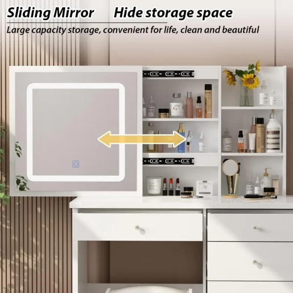 Vanity Set Makeup Vanity Dressing Table with Sliding Lighted Mirror, 5 Drawers, Dresser Desk and Cushioned Stool Set (White A) - Image 3