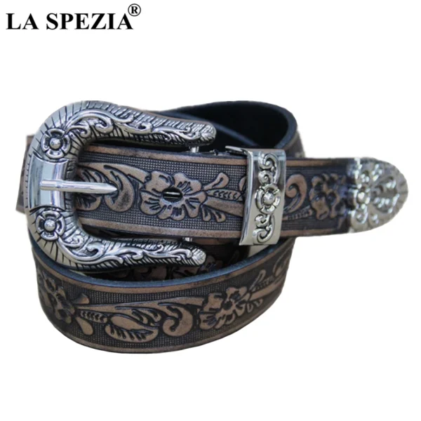 LA SPEZIA Real Leather Belt Men High Quality Camel Pin Belt Male Retro Designer Brand Cowhide Genuine Leather Carving Belt 130cm - Image 2