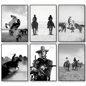 Vintage Black And White Wild West Cowboy And Horse Portrait Canvas Poster Wall Art Pictures Rustic Home Farmhouse Decor