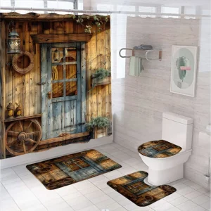 Rustic Wooden Door Shower Curtain Sets With Rug Toilet Cover Bath Mat  Farmhouse Western Vintage Wheel Plants Bathroom Curtains