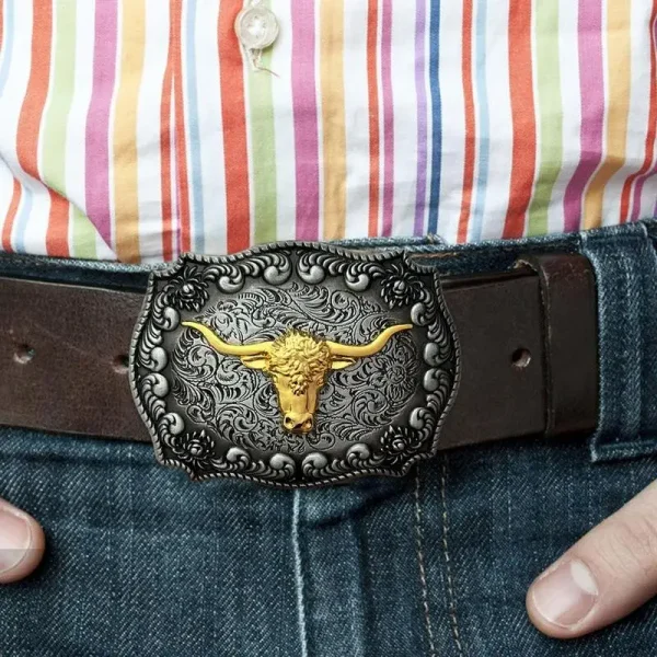 Belt Buckles Men Western Cowboy Long Horn Metal Bull Buckle Long Horn Bull Pattern Buckle Belt Floral Engraved Buckle - Image 3