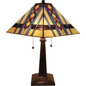 Style Table Lamp Banker Mission 22" Tall Stained Glass Tan Blue Orange Brown Vintage Antique Light Décor Nightstand Living Room